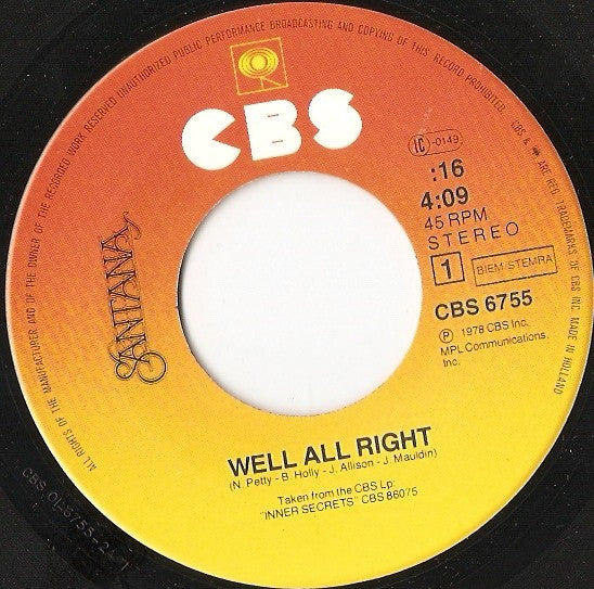 Santana - Well All Right 38627 Vinyl Singles Goede Staat