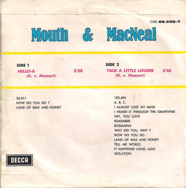 Mouth & MacNeal - Hello-A 39019 Vinyl Singles Goede Staat