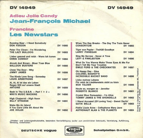 Jean-François Michael / Les Newstars - Adieu Jolie Candy 38482 Vinyl Singles Goede Staat