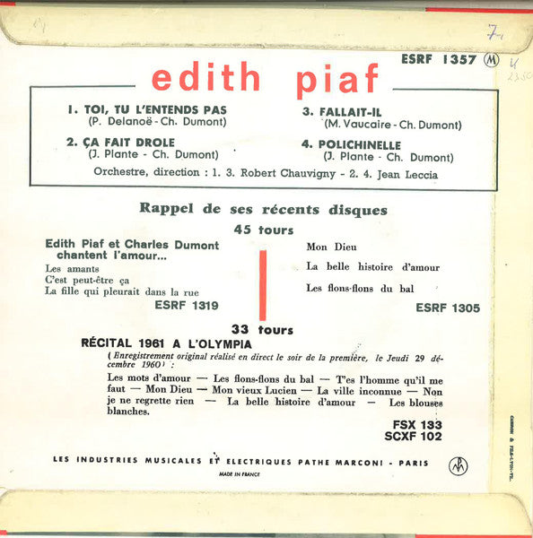 Edith Piaf - Toi, Tu L'Entends Pas (EP) 39930 Vinyl Singles EP Goede Staat