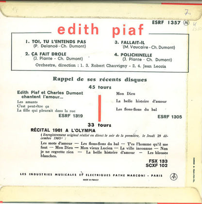 Edith Piaf - Toi, Tu L'Entends Pas (EP) 39930 Vinyl Singles EP Goede Staat