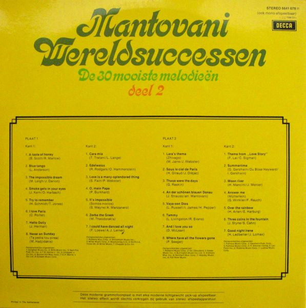 Mantovani - Wereldsuccessen Deel 2 - De 30 Mooiste Melodieën (LP) Vinyl LP Dubbel Goede Staat