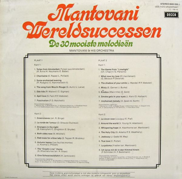 Mantovani - Wereldsuccessen - De 30 Mooiste Melodieën (LP) Vinyl LP Dubbel Goede Staat