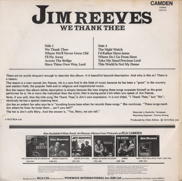 Jim Reeves - We Thank Thee (LP) 51352 Vinyl LP Goede Staat ++