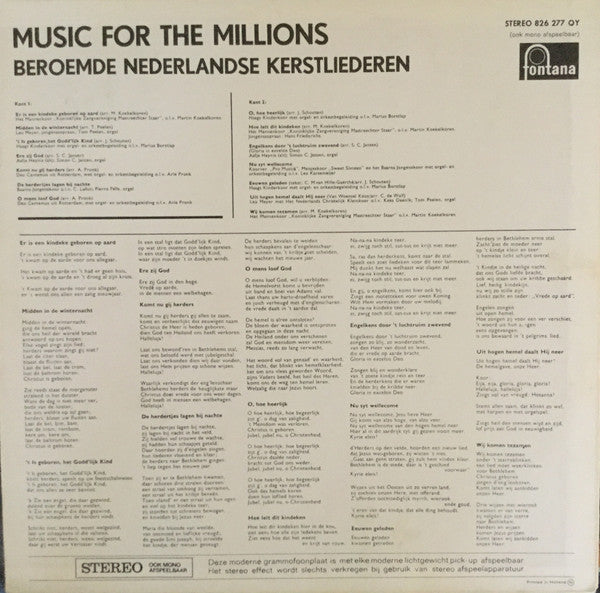 Various - Music For The Millions: Beroemde Nederlandse Kerstliederen (LP) 50855 Vinyl LP Goede Staat