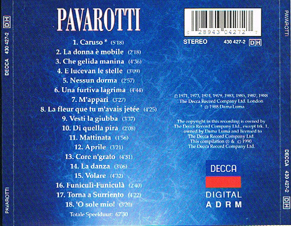 Luciano Pavarotti - 18 Mooiste Opnames Van 's Werelds Beroemdste Tenor Incl. Caruso (CD) Compact Disc Goede Staat