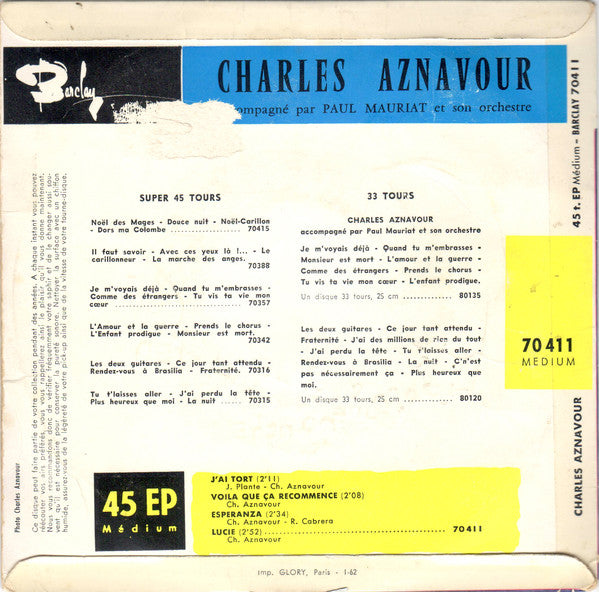 Charles Aznavour - J'Ai Tort (EP) 37369 Vinyl Singles EP Goede Staat