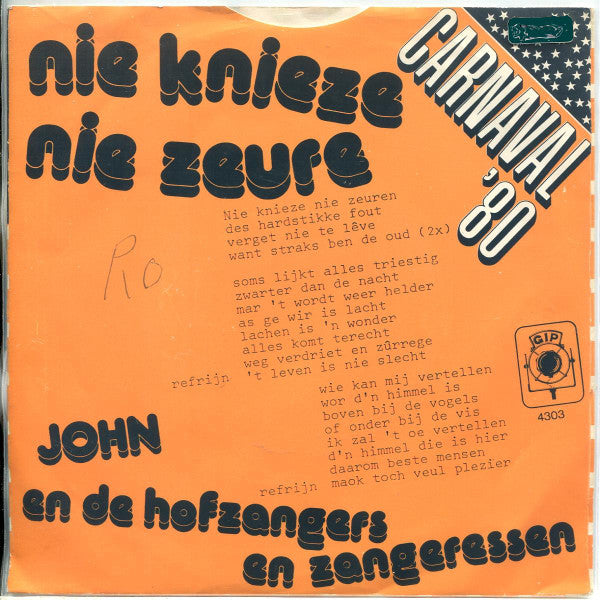 John en de Hofzangers en Zangeressen / Johnny Boys - Nie Knieze, Nie Zeure 40273 Vinyl Singles Goede Staat