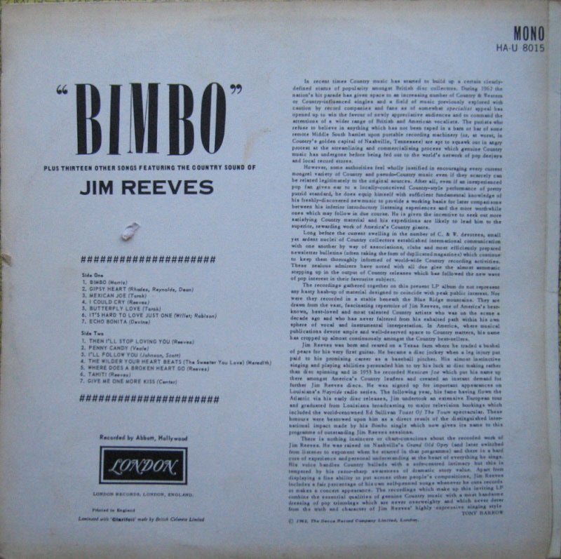 Jim Reeves - Bimbo (LP) 50373 Vinyl LP Goede Staat