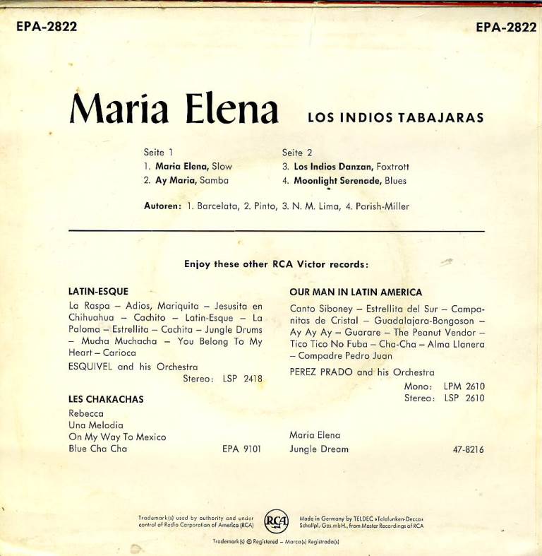 Los Indios Tabajaras - Maria Elena (EP) 33073 Vinyl Singles EP Goede Staat