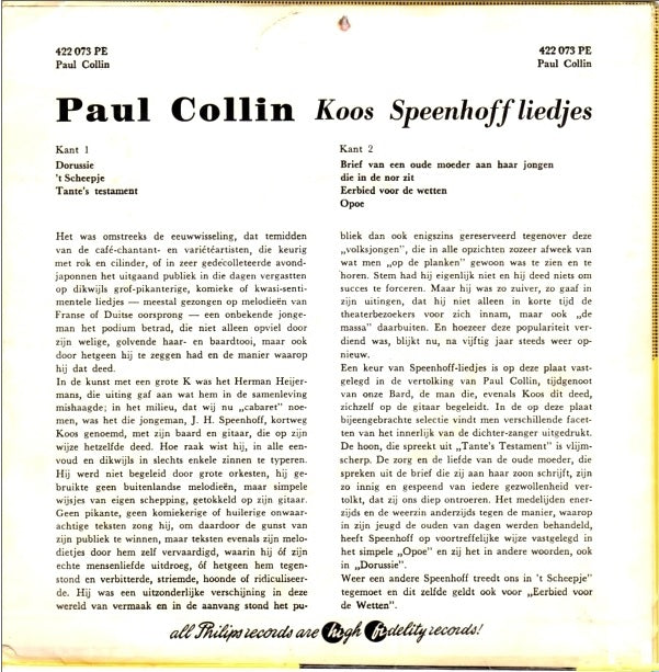 Paul Collin - Koos Speenhoff Liedjes 34382 Vinyl Singles Goede Staat