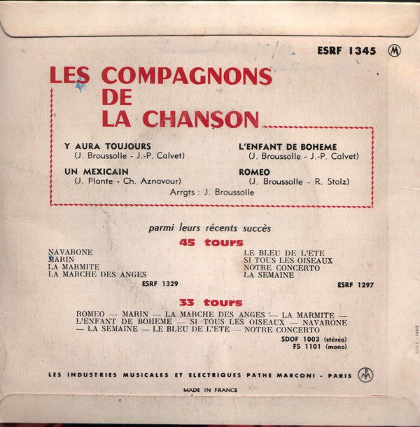 Compagnons De La Chanson - Y'Aura Toujours (EP) Vinyl Singles EP Goede Staat