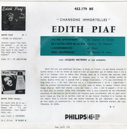 Edith Piaf Avec L'Orchestre De Jacques Météhen - Chansons Immortelles 24245 Vinyl Singles Goede Staat