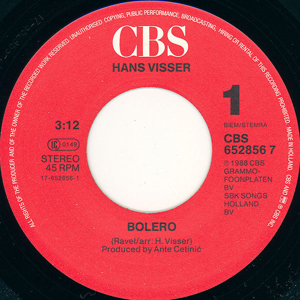 Hans Visser - Bolero 15369 31931 Vinyl Singles Goede Staat