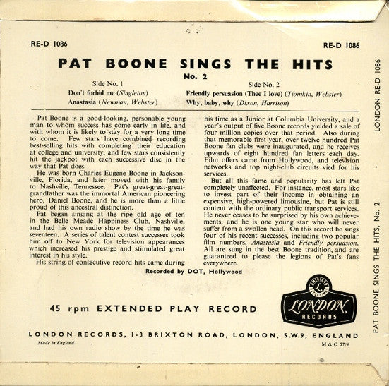 Pat Boone - Sings The Hits Number 2 (EP) 32731 Vinyl Singles Goede Staat