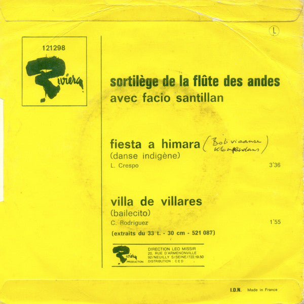 Facio Santillan - Sortilege De La Flute Des Andes 26240 Vinyl Singles Goede Staat