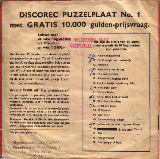 Unknown Artist - "Discorec" Puzzel Plaat No.1 - F 10.000 Aan Prijzen 24940 Vinyl Singles Goede Staat