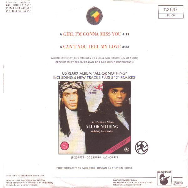 Milli Vanilli - Girl I'm Gonna Miss You 39062 Vinyl Singles Goede Staat