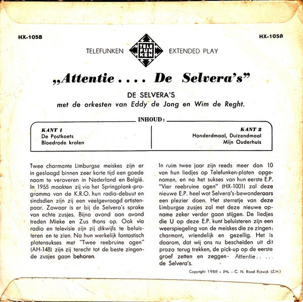 Selvera's - Attentie De Selvera's (EP) Vinyl Singles EP Goede Staat