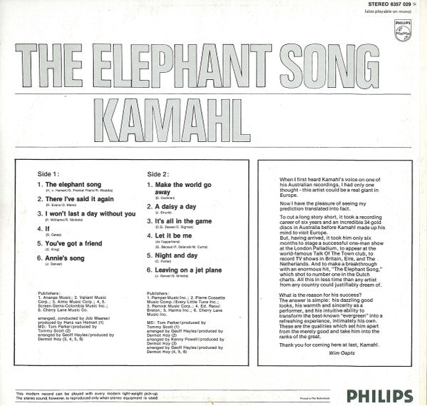 Kamahl - The Elephant Song (LP) 45254 Vinyl LP Goede Staat