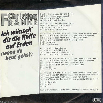 Christian Franke - Ich Wünsch' Dir Die Hölle Auf Erden Vinyl Singles Goede Staat