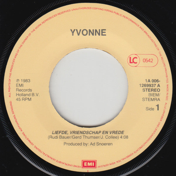 Yvonne - Liefde Vriendschap En Vrede 15426 Vinyl Singles Goede Staat