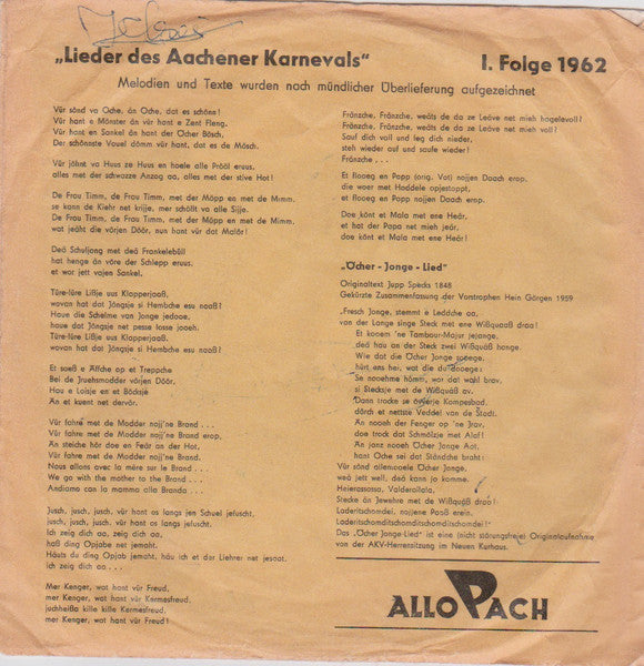 Aachener Liedertafel - Lieder Des Aachener Karnevals 1.Folge 1962 31446 Vinyl Singles Goede Staat