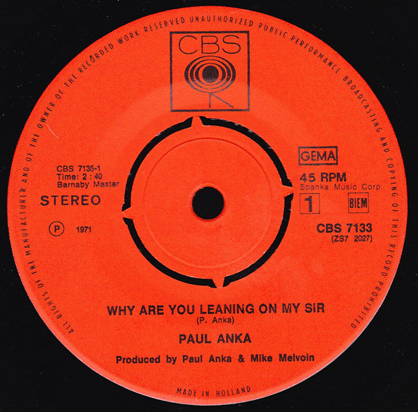 Paul Anka - Why Are You Leaning On Me Sir 32718 32717 37341 Vinyl Singles Goede Staat