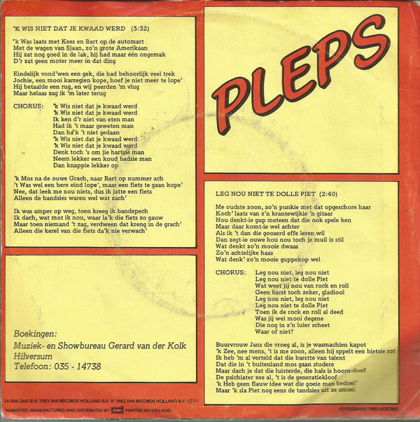 Pleps - 'K Wis Niet Dat Je Kwaad Werd 10319 18208 Vinyl Singles Goede Staat