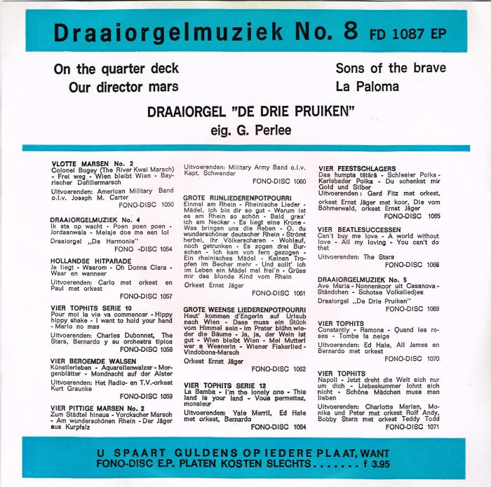 Draaiorgel De Drie Pruiken Eig. G. Perlee - Draaiorgelmuziek No. 8 (EP) 06623 Vinyl Singles EP Goede Staat