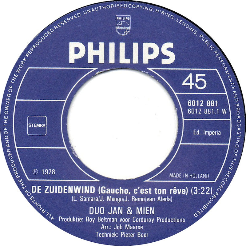 Duo Jan En Mien - De Zuidenwind (B) Vinyl Singles B-Keus (B)