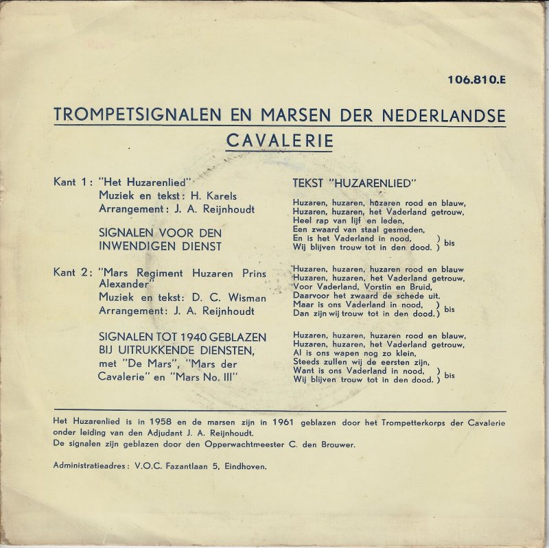 Trompetterkorps Der Cavalerie - Trompetsignalen En Marsen Der Nederlandse Cavalerie 13553 Vinyl Singles Goede Staat