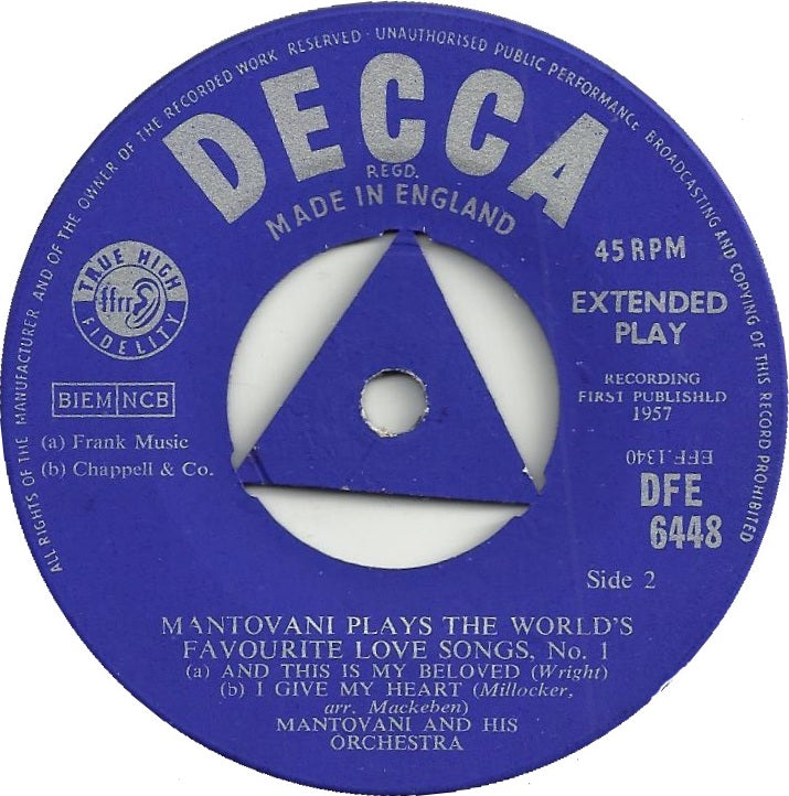 Mantovani And His Orchestra - Mantovani Plays The World's Favourite Love Songs No. 1 (EP) 14823 Vinyl Singles EP Goede Staat