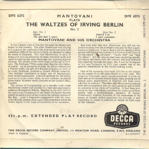 Mantovani And His Orchestra - Mantovani Plays The Waltzes Of Irving Berlin No.2 (EP) 15533 Vinyl Singles EP Goede Staat