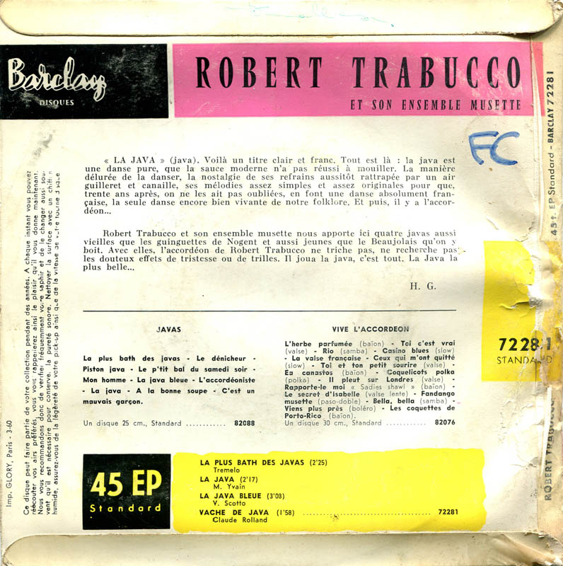 Robert Trabucco Et Son Ensemble Musette - La Plus Bath Des Javas (EP) Vinyl Singles EP B-Keus (B)