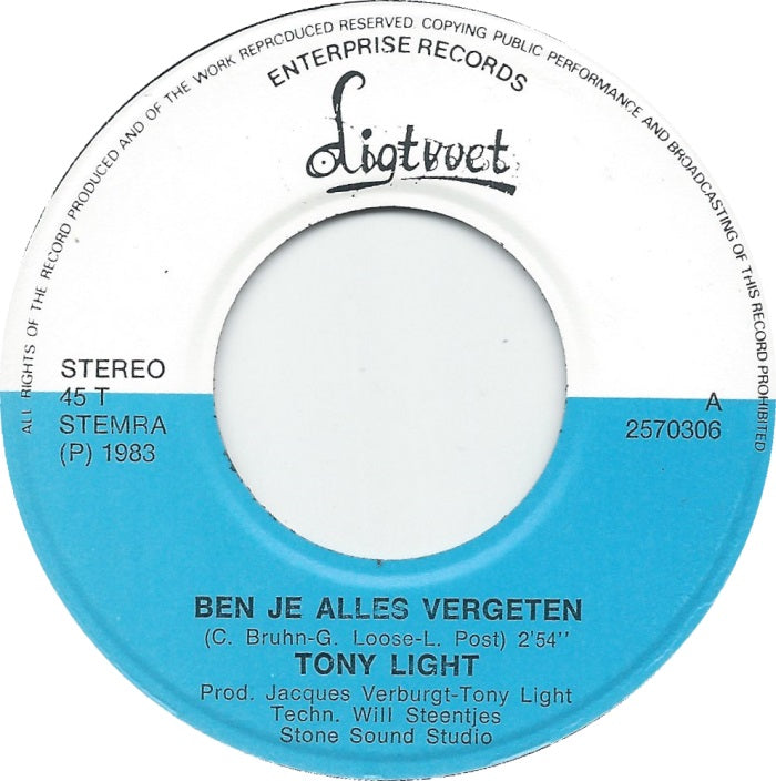 Tony Light - Ben Je Alles Vergeten 15432 Vinyl Singles Goede Staat