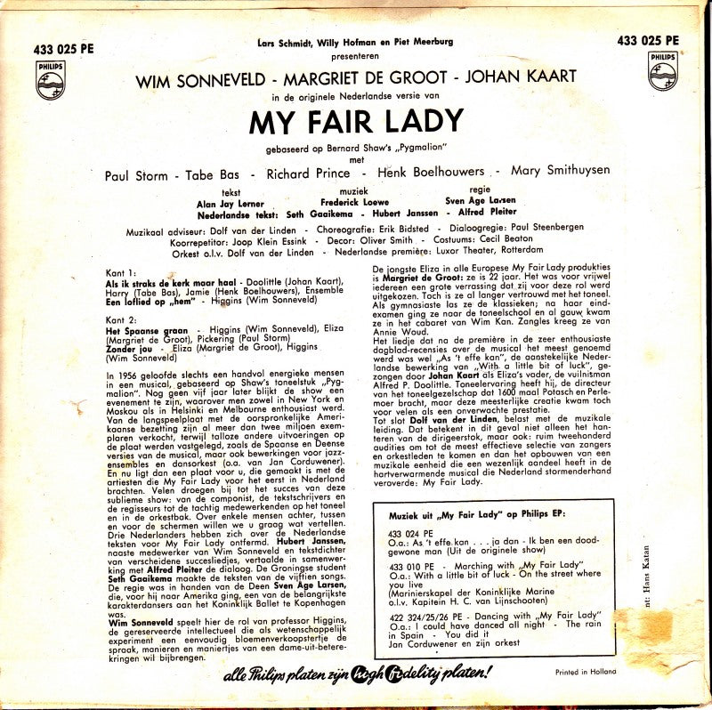 Wim Sonneveld, Margriet De Groot & Johan Kaart - My Fair Lady 2 (EP) 40008 Vinyl Singles Goede Staat