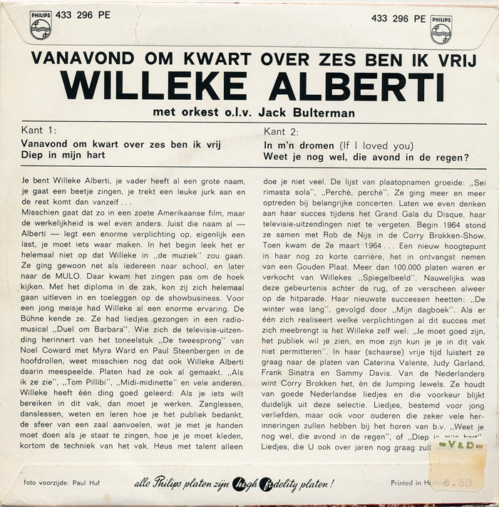 Willeke Alberti - Vanavond Om Kwart Over Zes Ben Ik Vrij (EP) 22701 Vinyl Singles EP Goede Staat