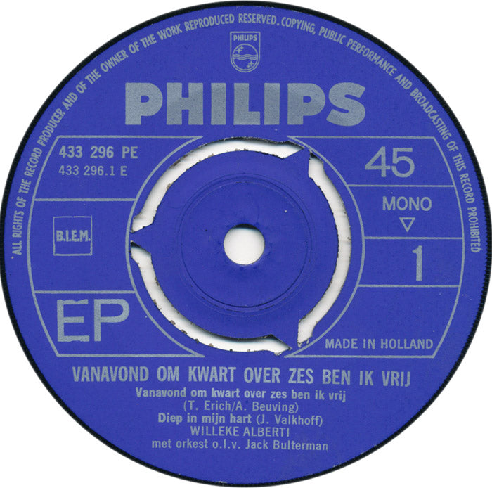 Willeke Alberti - Vanavond Om Kwart Over Zes Ben Ik Vrij (EP) 22701 Vinyl Singles EP Goede Staat