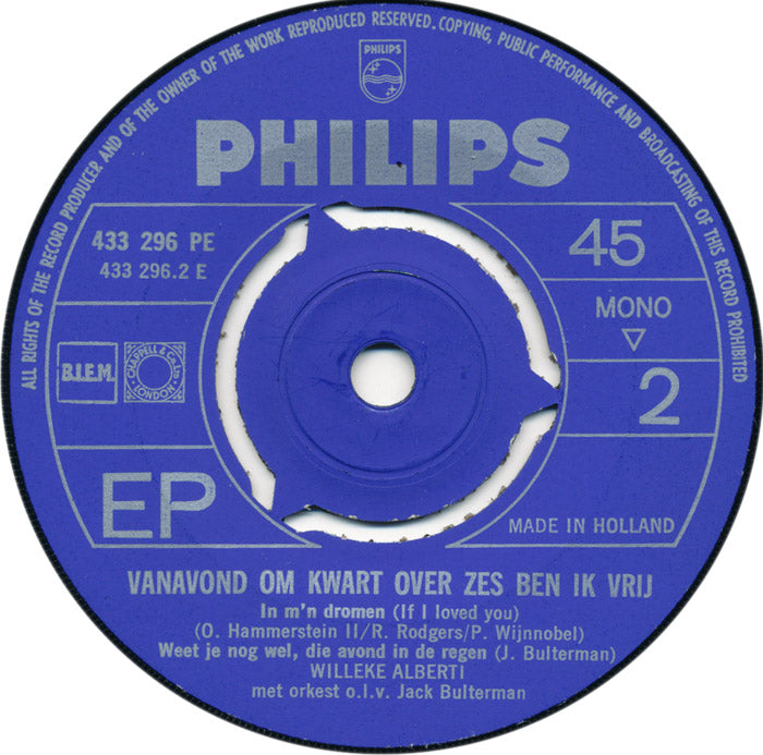 Willeke Alberti - Vanavond Om Kwart Over Zes Ben Ik Vrij (EP) 22701 Vinyl Singles EP Goede Staat